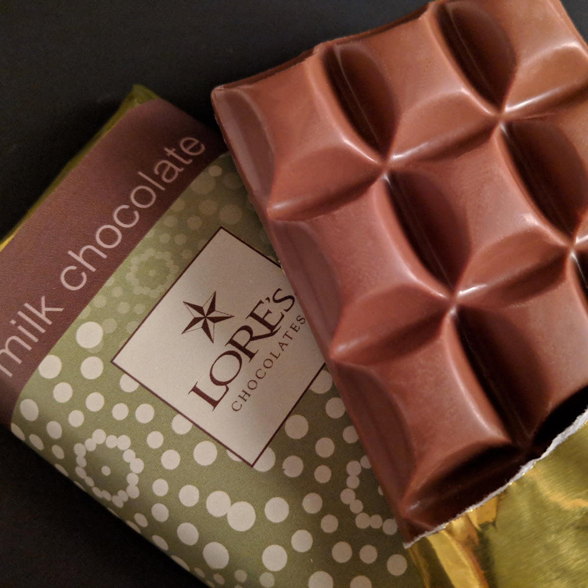 close up of Lore's Milk Chocolate Bar