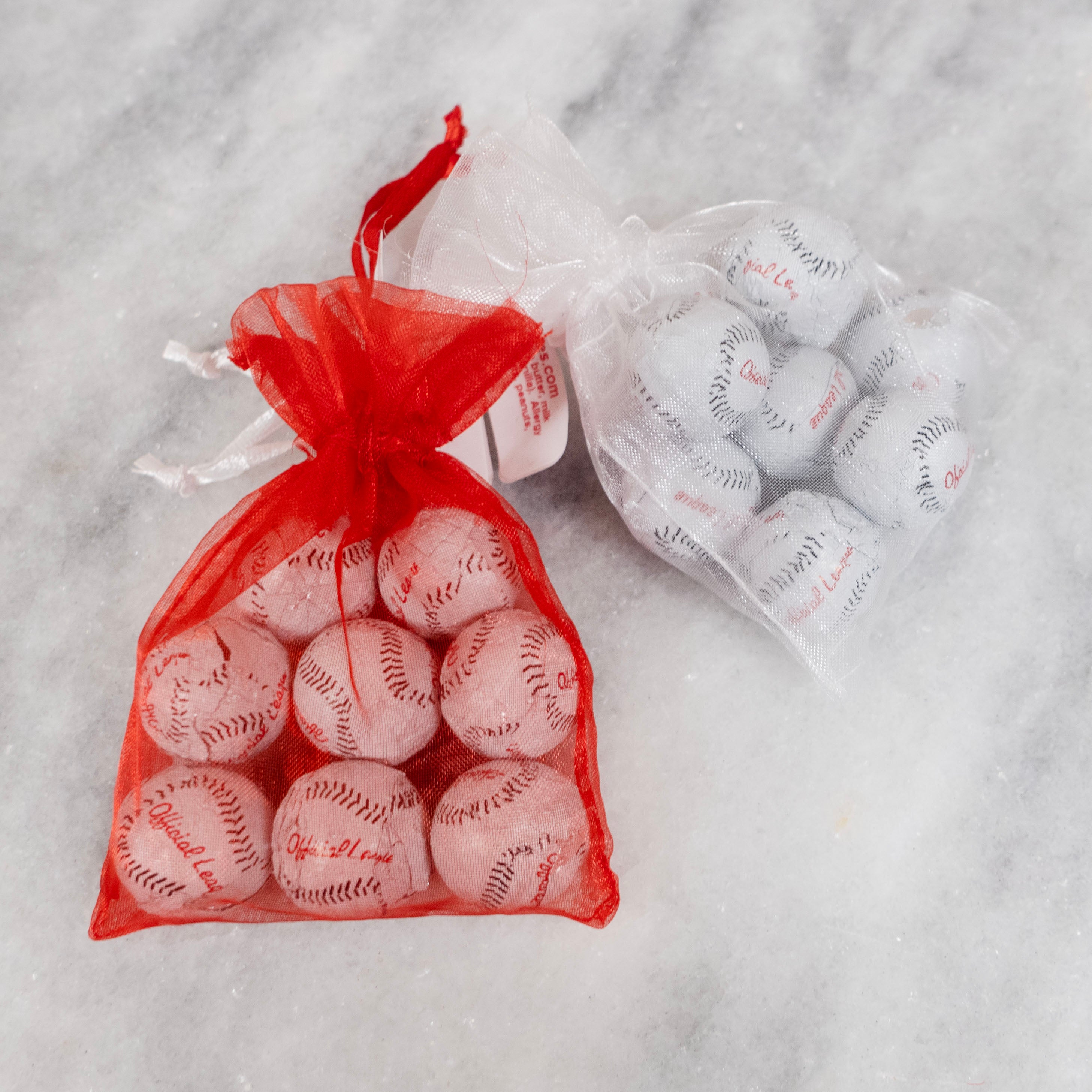 Foiled Milk Chocolate Baseballs in white and red organza bags for The Philadelphia Phillies