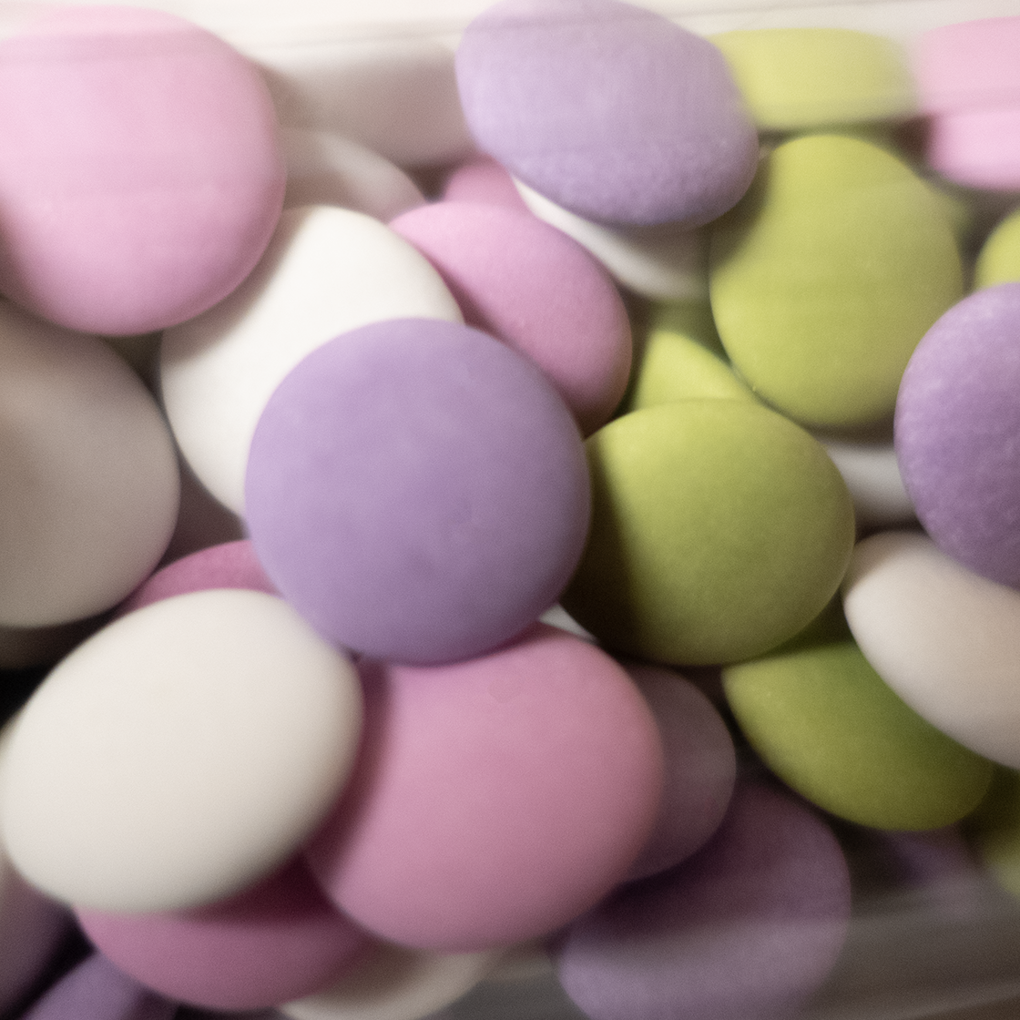 Mint Lentils close up pastel colors: green, purple, and white