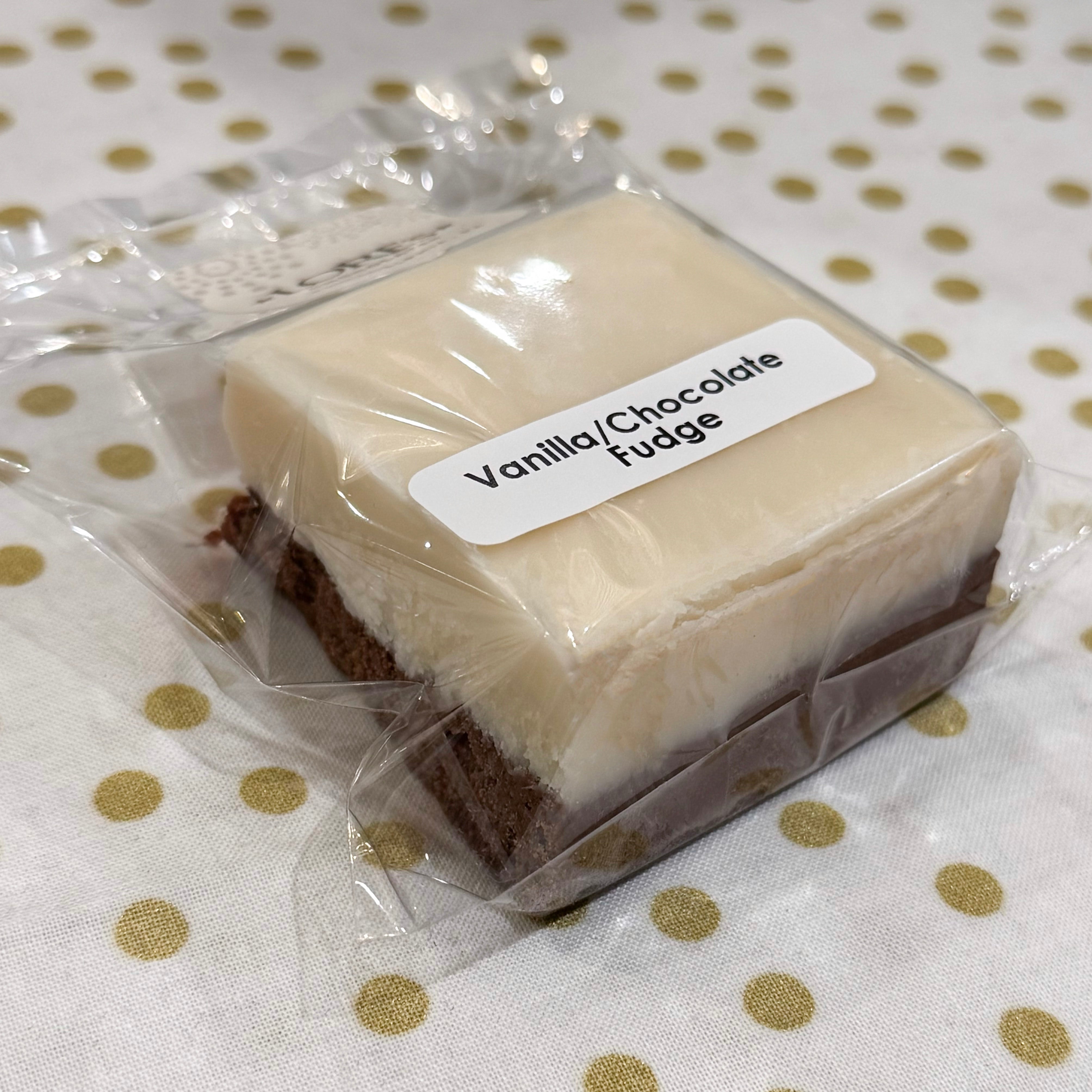 Packaged vanilla/chocolate fudge on a polka-dot background - made by Lore's Chocolates in Philadelphia