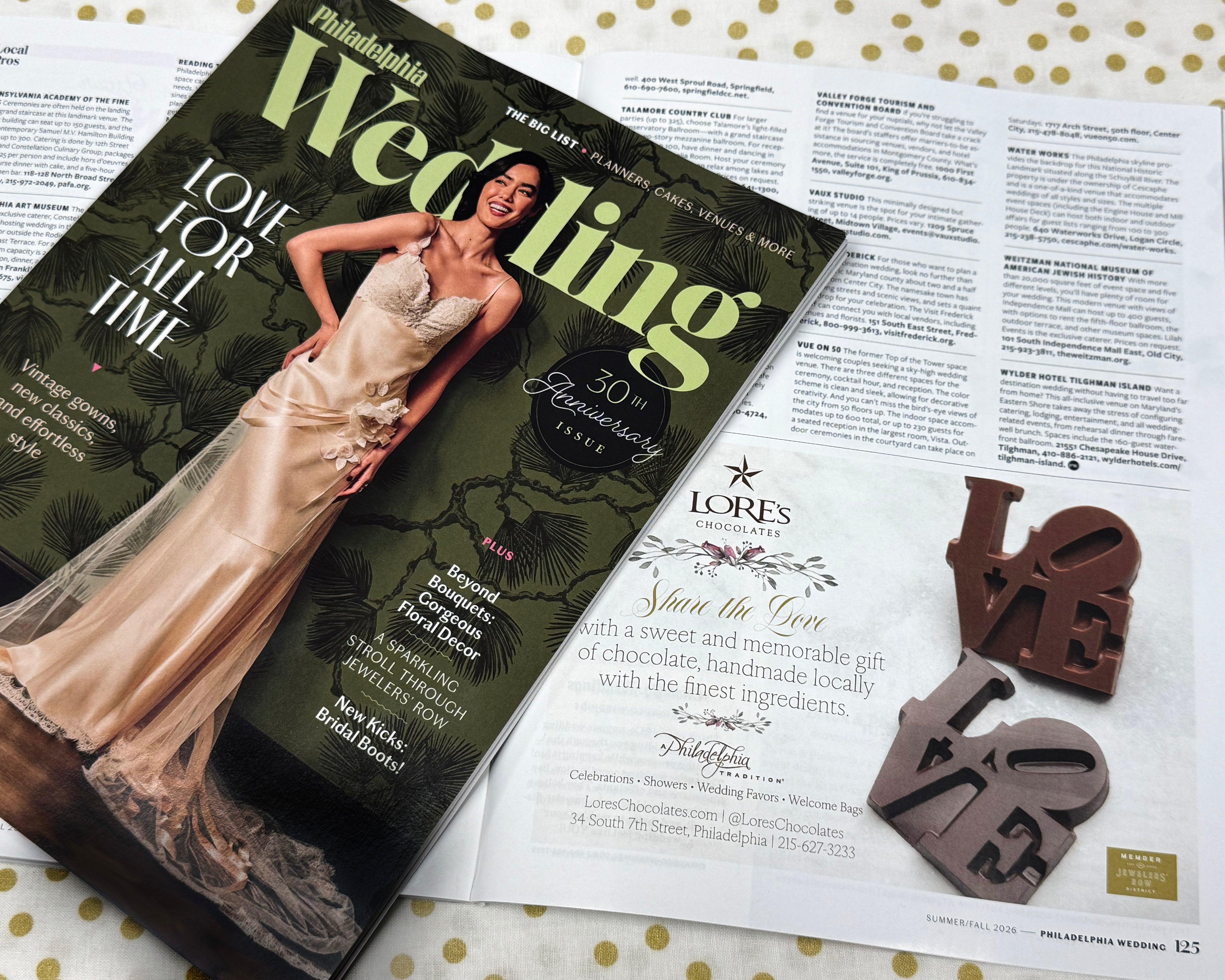 Lore's Chocolates in Philadelphia Magazine Wedding - promoting favors, gifts, welcome bags, and other Philly LOVE Chocolates for wedding events