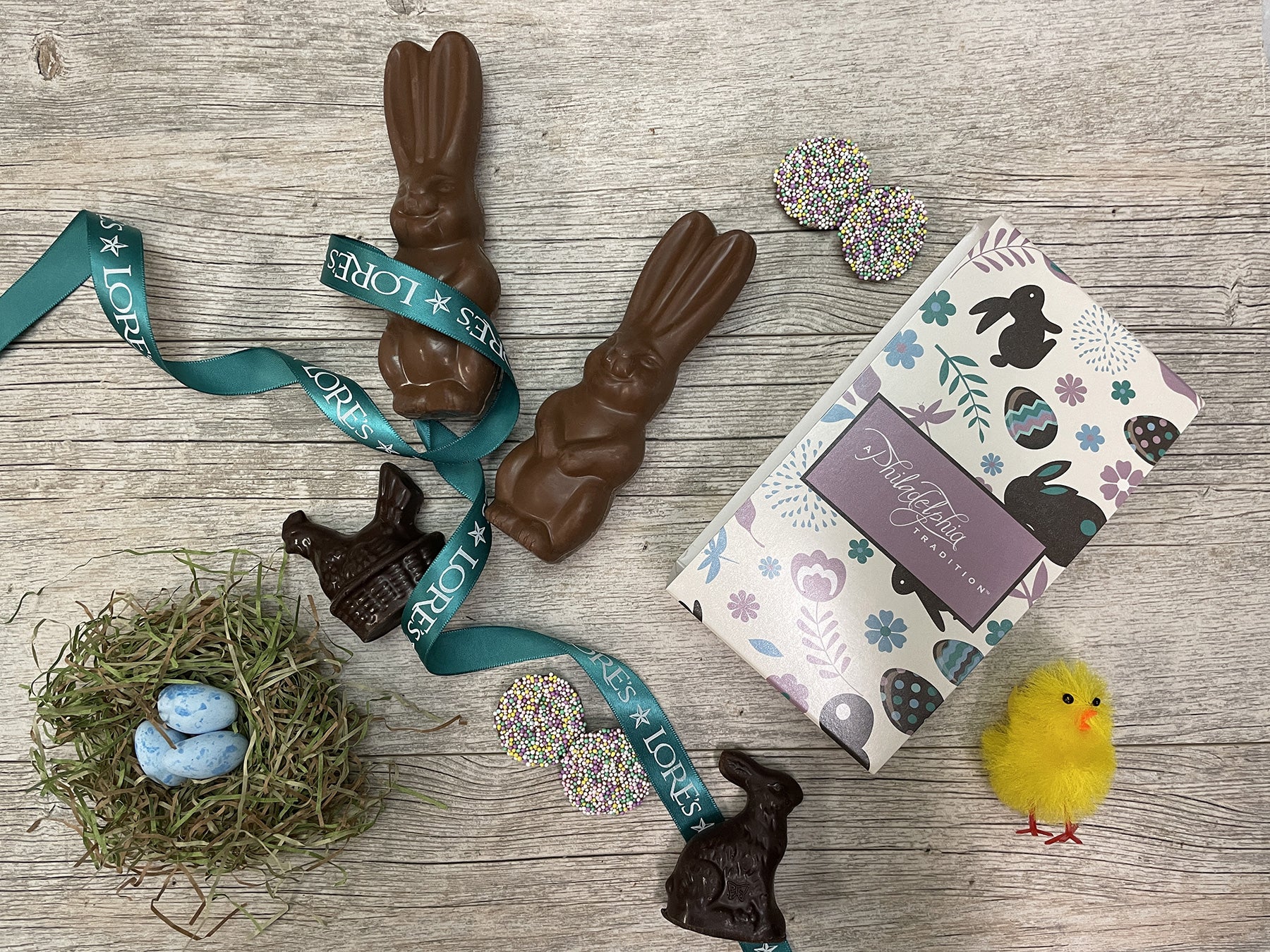 Philadelphia's Best Easter Chococolate and candies, solid chocolate rabbits, chicks, caramel robin eggs, non pareils and delicious filled easter eggs