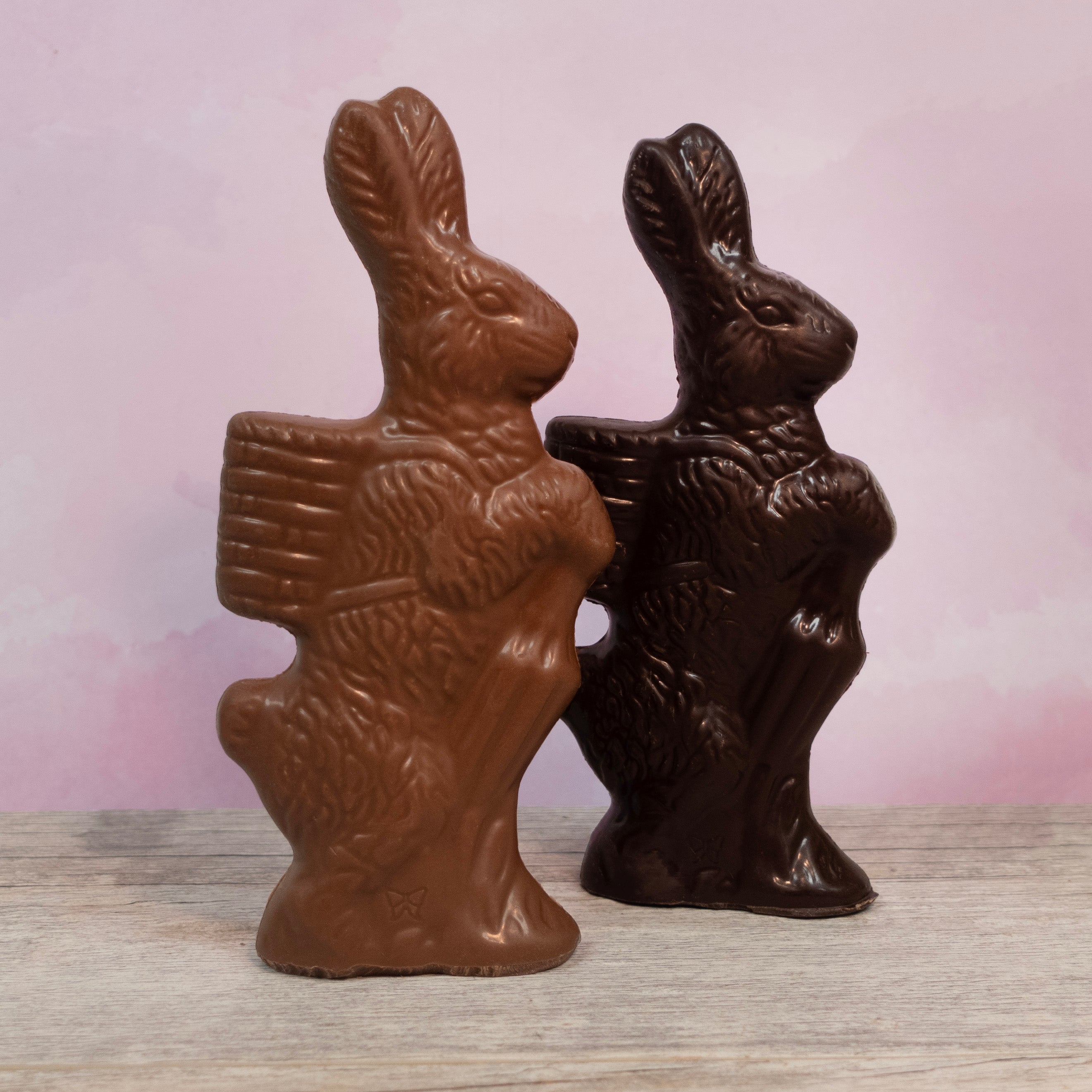 Milk and Dark Lore's Chocolates parasol 5 oz solid chocolate easter bunny