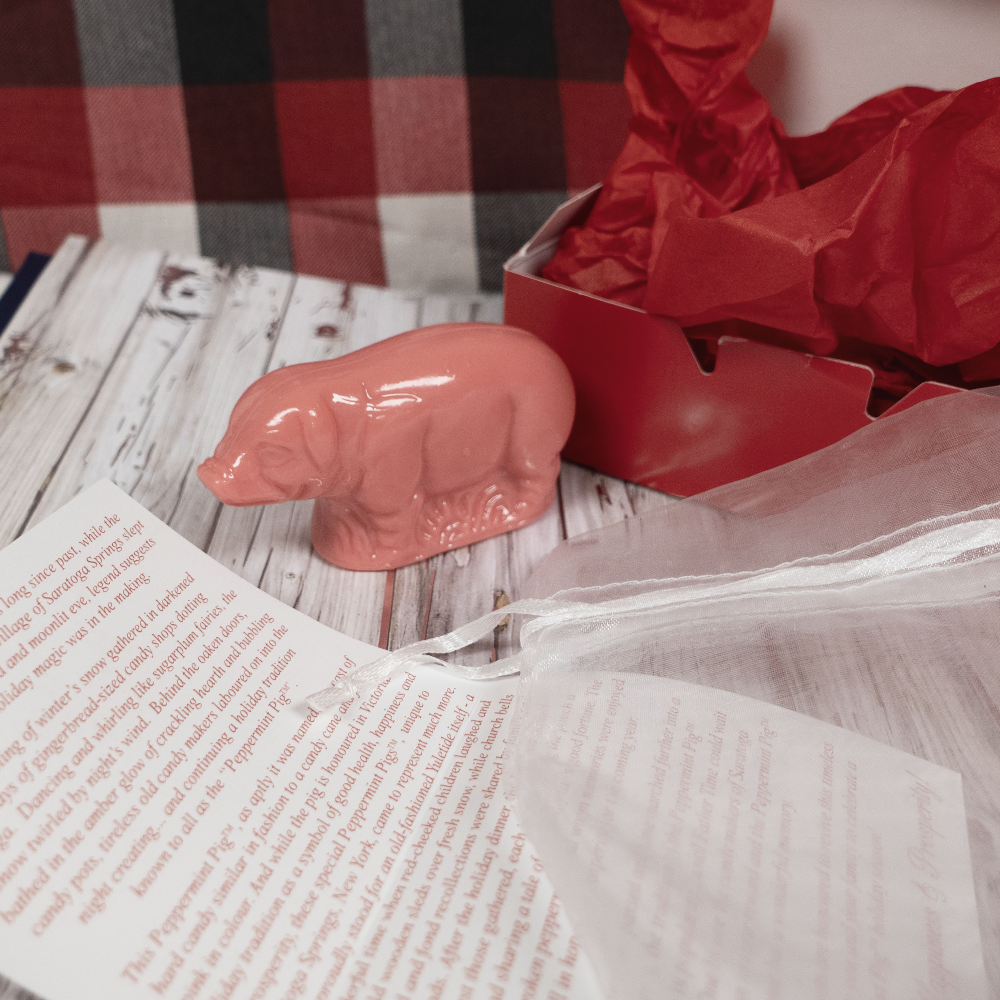 Pink hard candy pig figurine next to an page of text on a wooden surface with a red checkered fabric in the background.