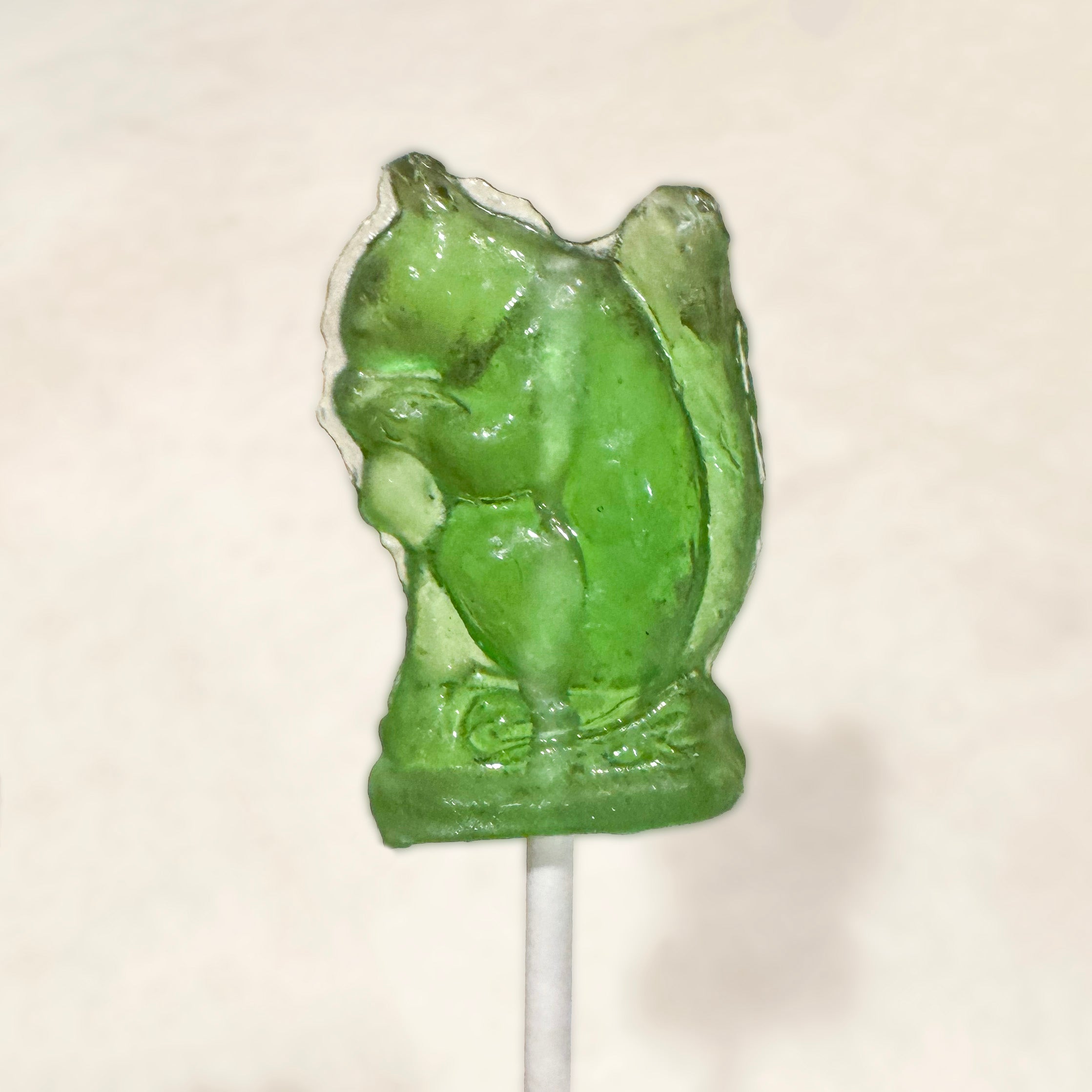 Green animal-shaped squirrel lollipop on a white background