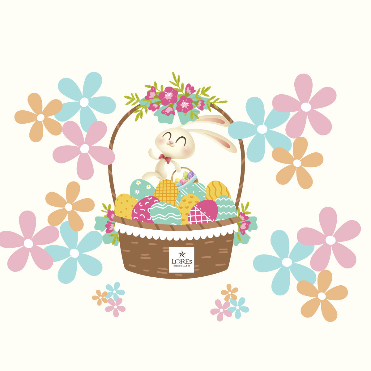 Illustration of Easter Bunny, basket of eggs with Lore's Logo, and flowers.