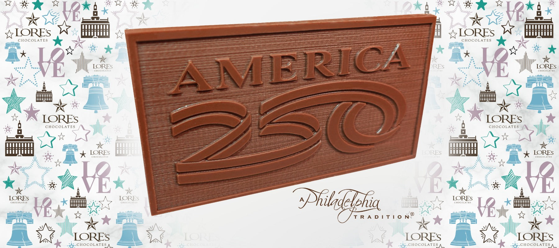 Chocolate bar with 'America 250' text on a decorative background