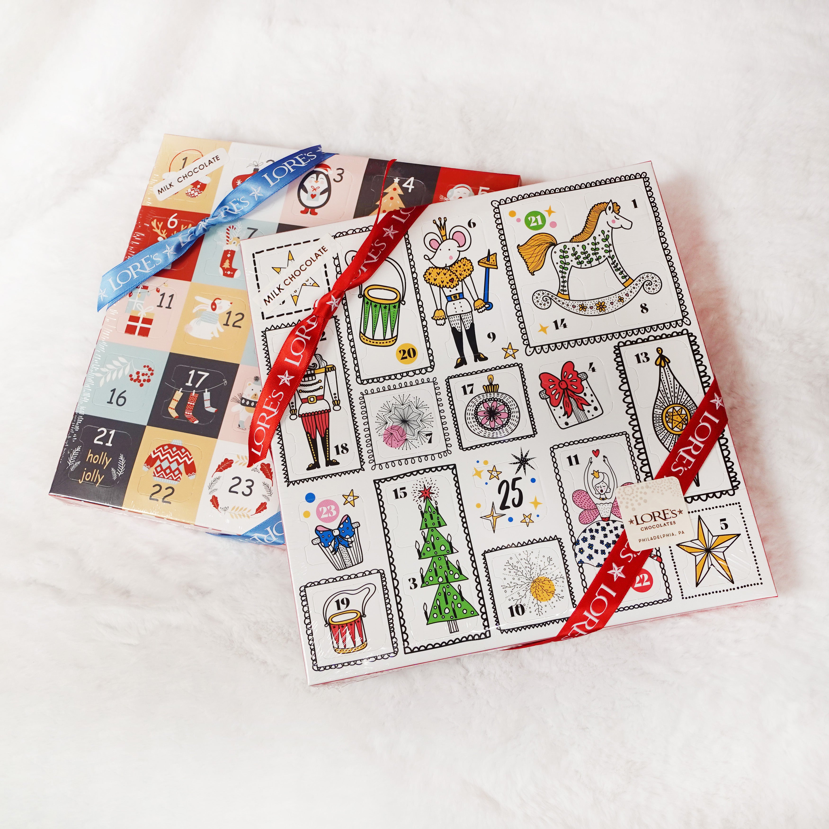 advent calendar with colorful designs on a white surface