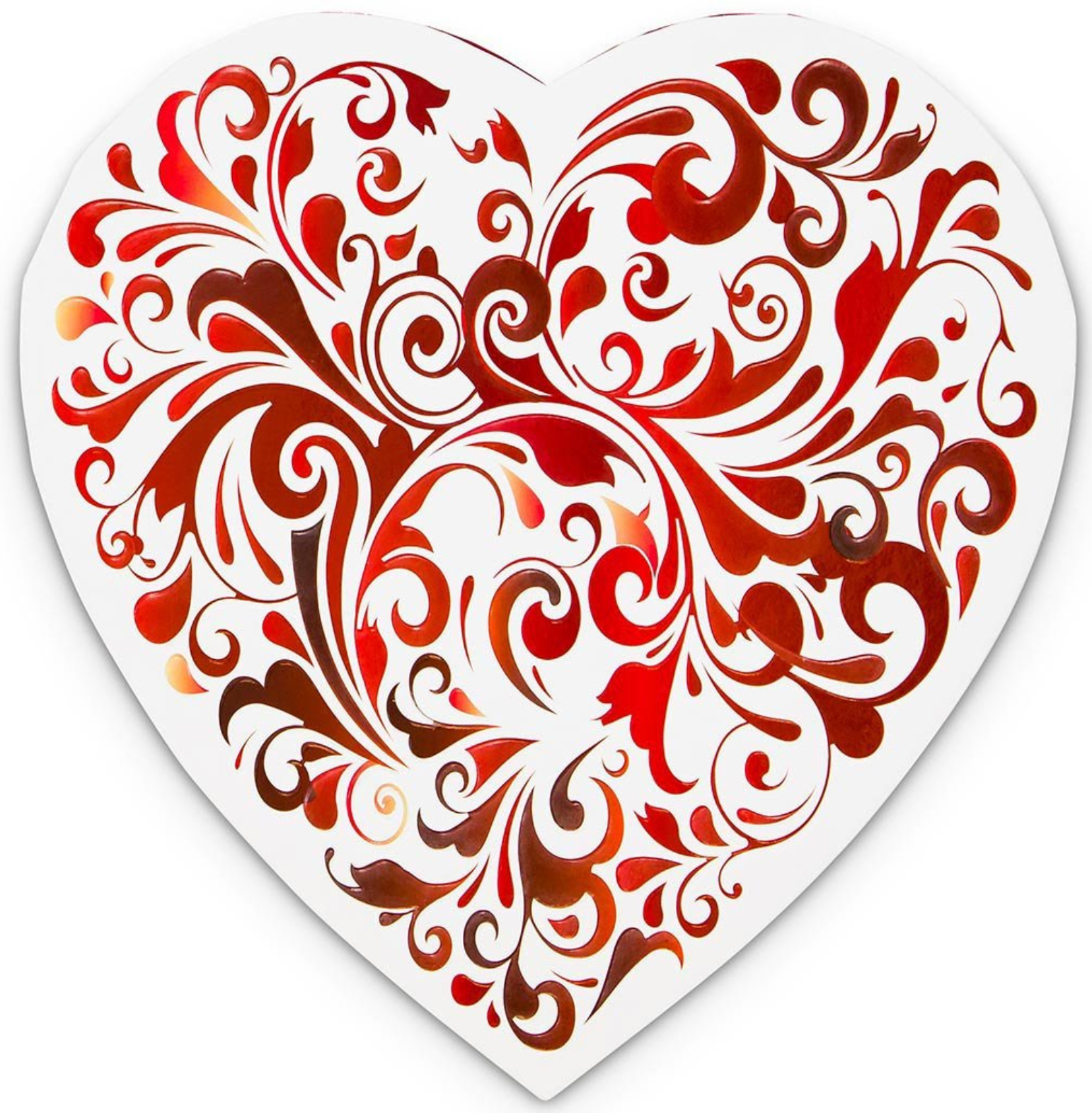 white heart shaped box decorated with a multi tone swirling brush stroke pattern.