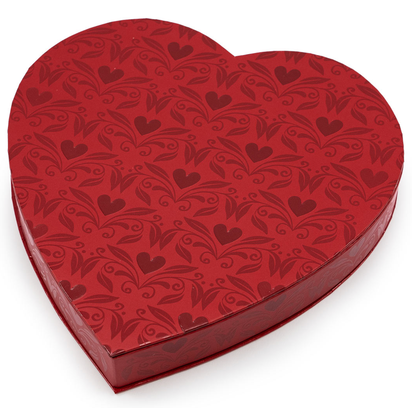 red chocolate box, heart-shaped for calentine's day with decorative floral design and dark red hearts - filled with Lore's Chocolates