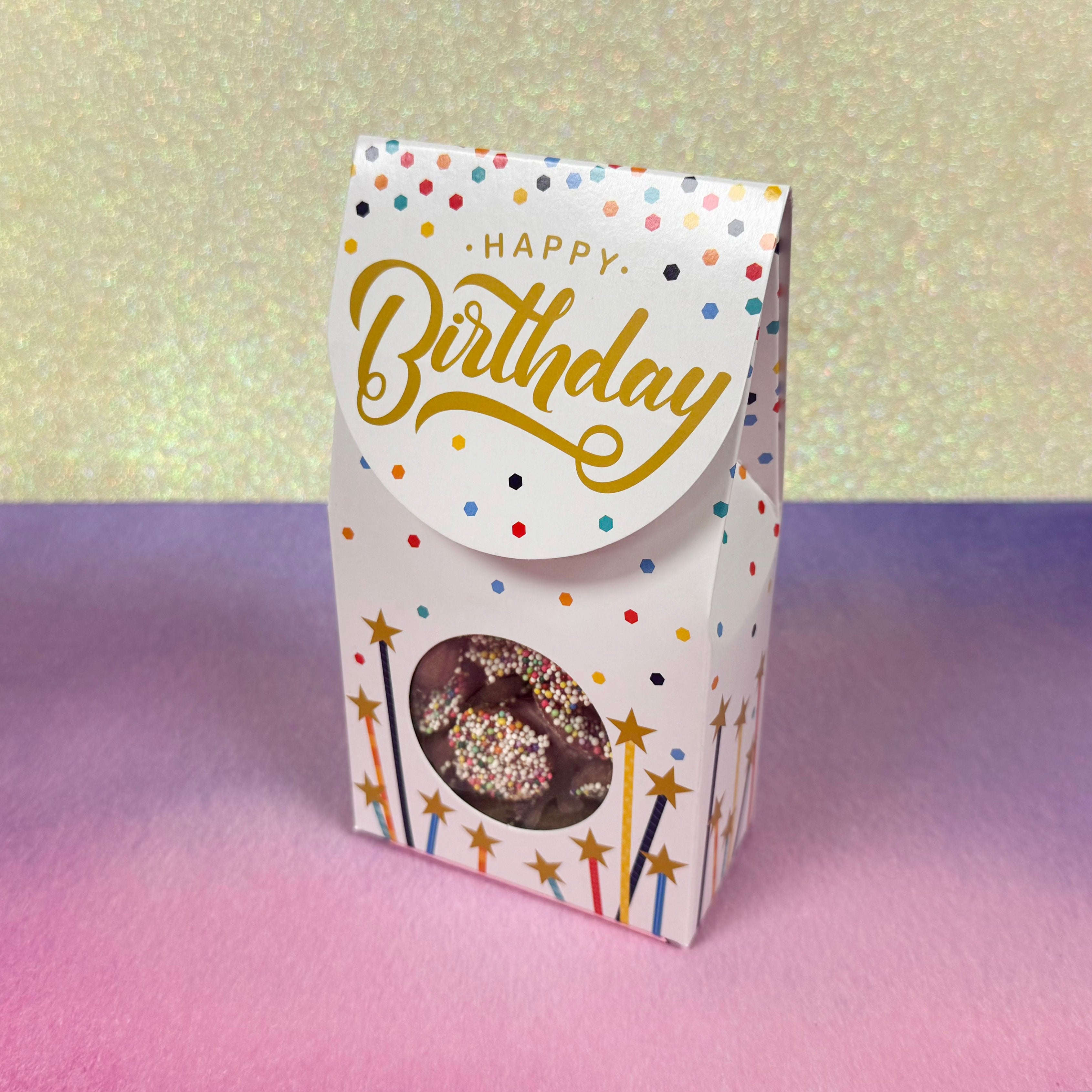 Gift box with 'Happy Birthday' text and colorful polka dots on a gradient background - filled with colorful nonpareils chocolates made by Lore's Chocolates in Philadelphia