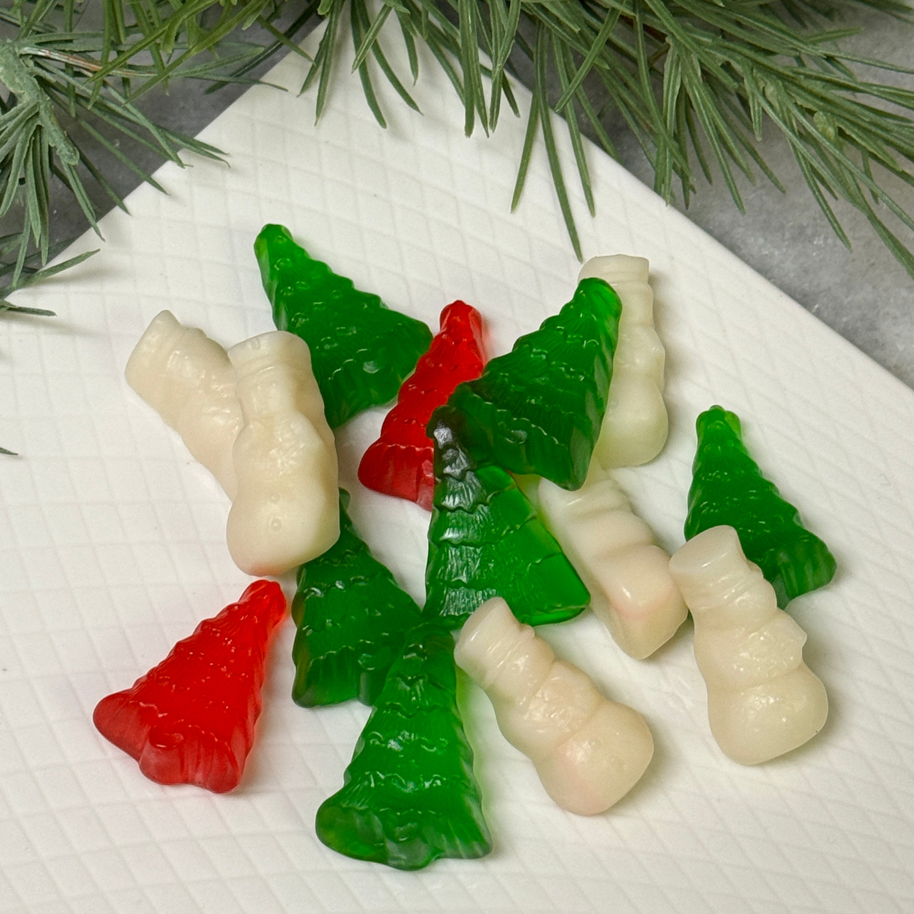 Gummy green and red trees-gummy white snowmen