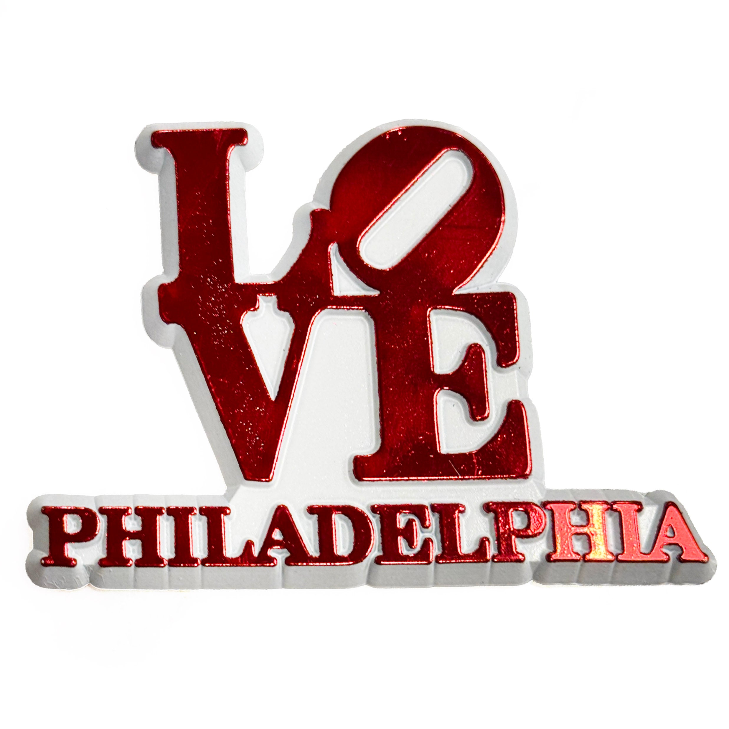 Red 'LOVE PHILADELPHIA' decorative magnet on a white background