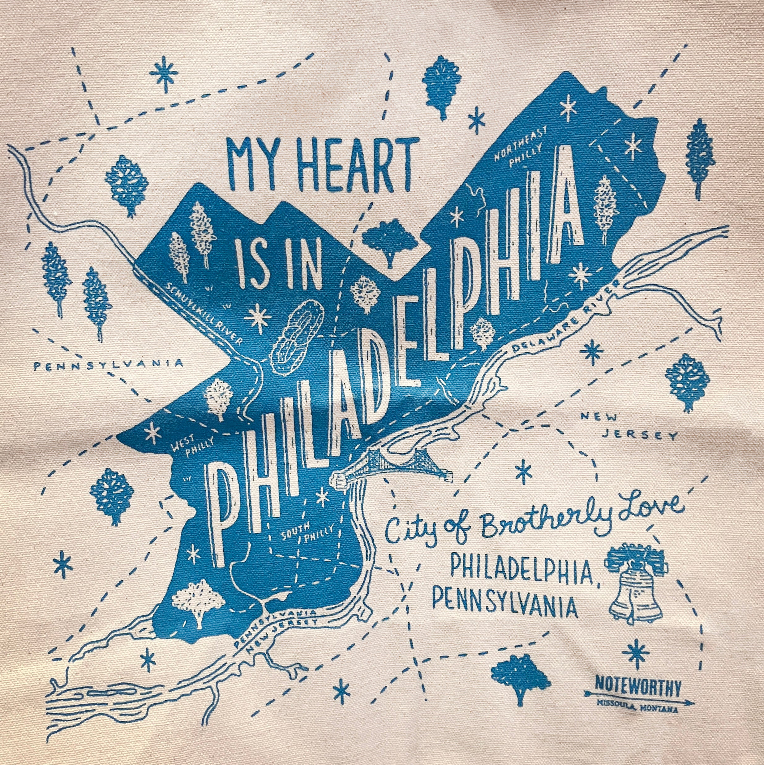 Map of Philadelphia with 'My Heart is in Philadelphia' text on a beige canvas tote bag background