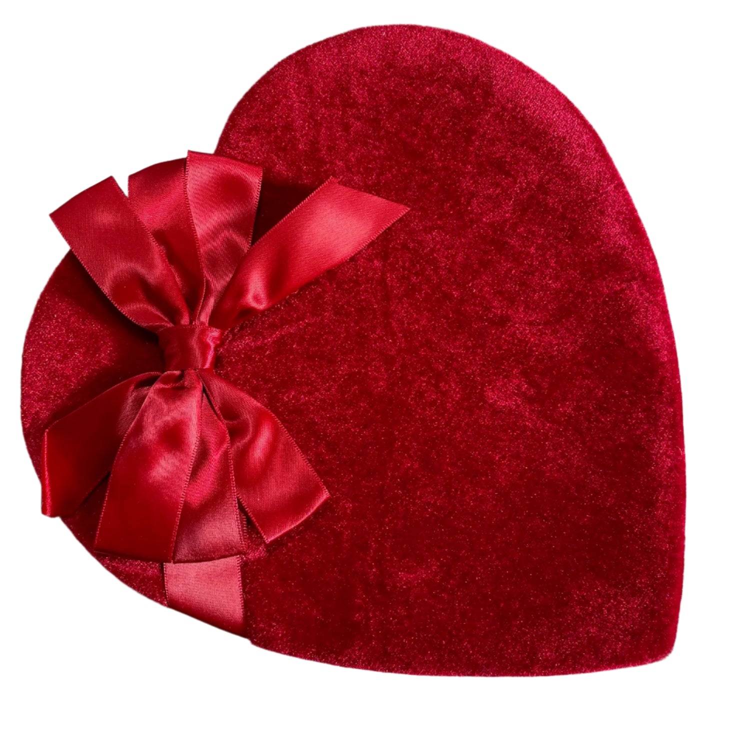 red velvet heart box decorated with a red satin bow-chocolate selection is assorted milk and dark