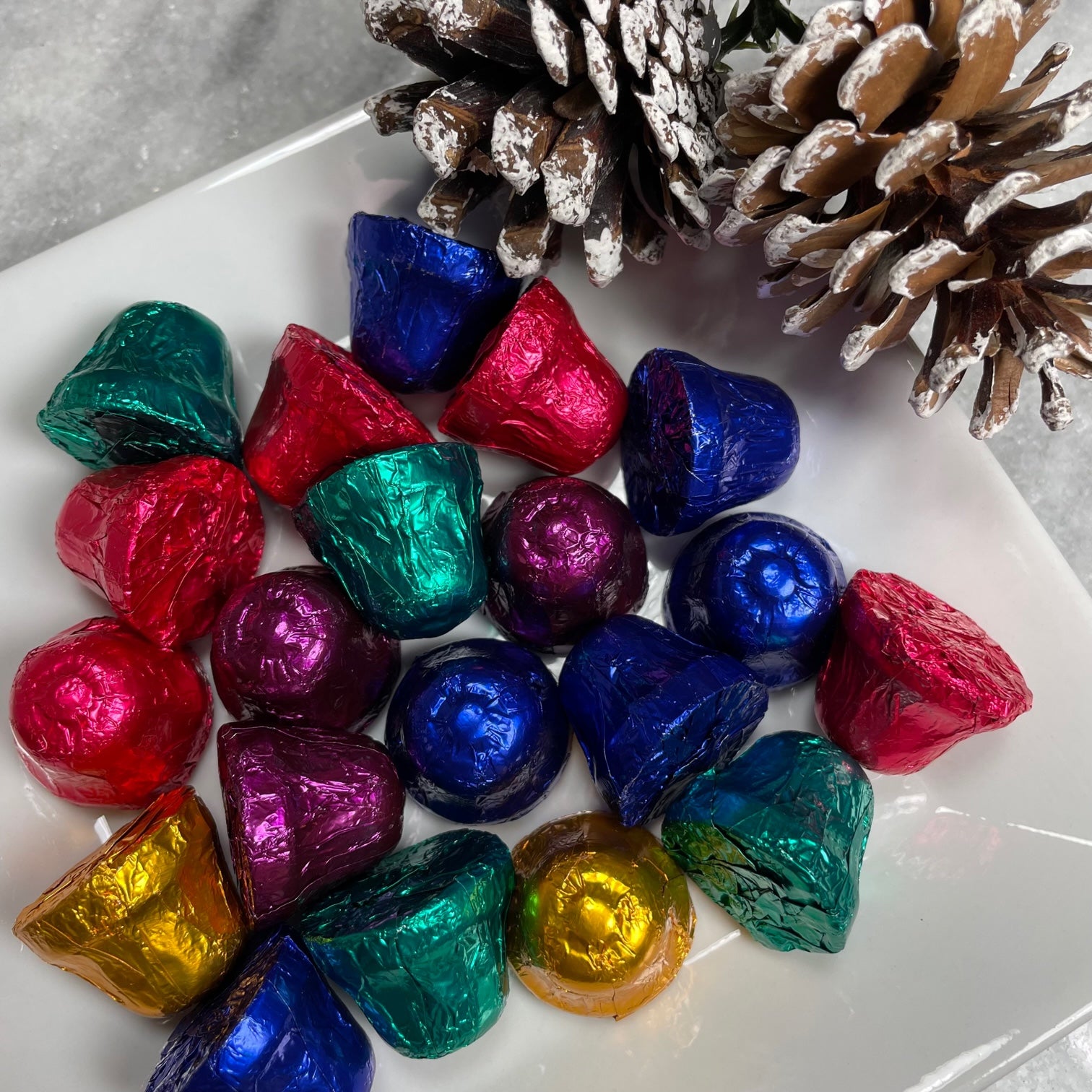 dark chocolate bells-bright foiled -smooth dark chocolate